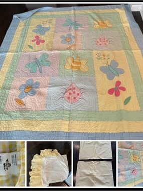 THE Company Store Pastel Bugs & Flowers FULL Quilt Blanket BUNDLE -